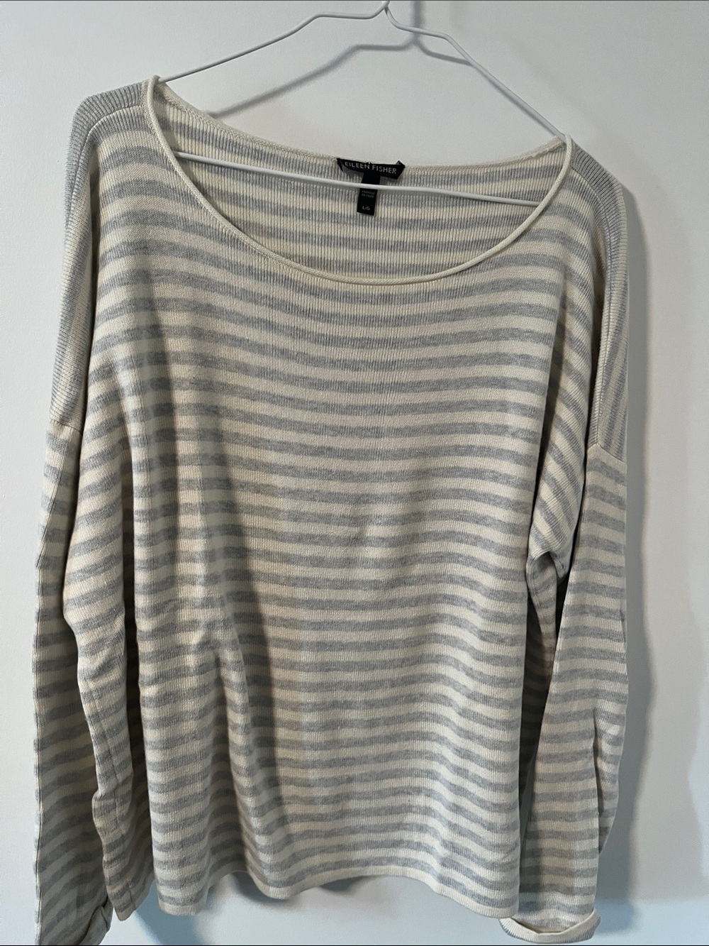 Eileen Fisher Gray & Cream Striped Boatneck Top
